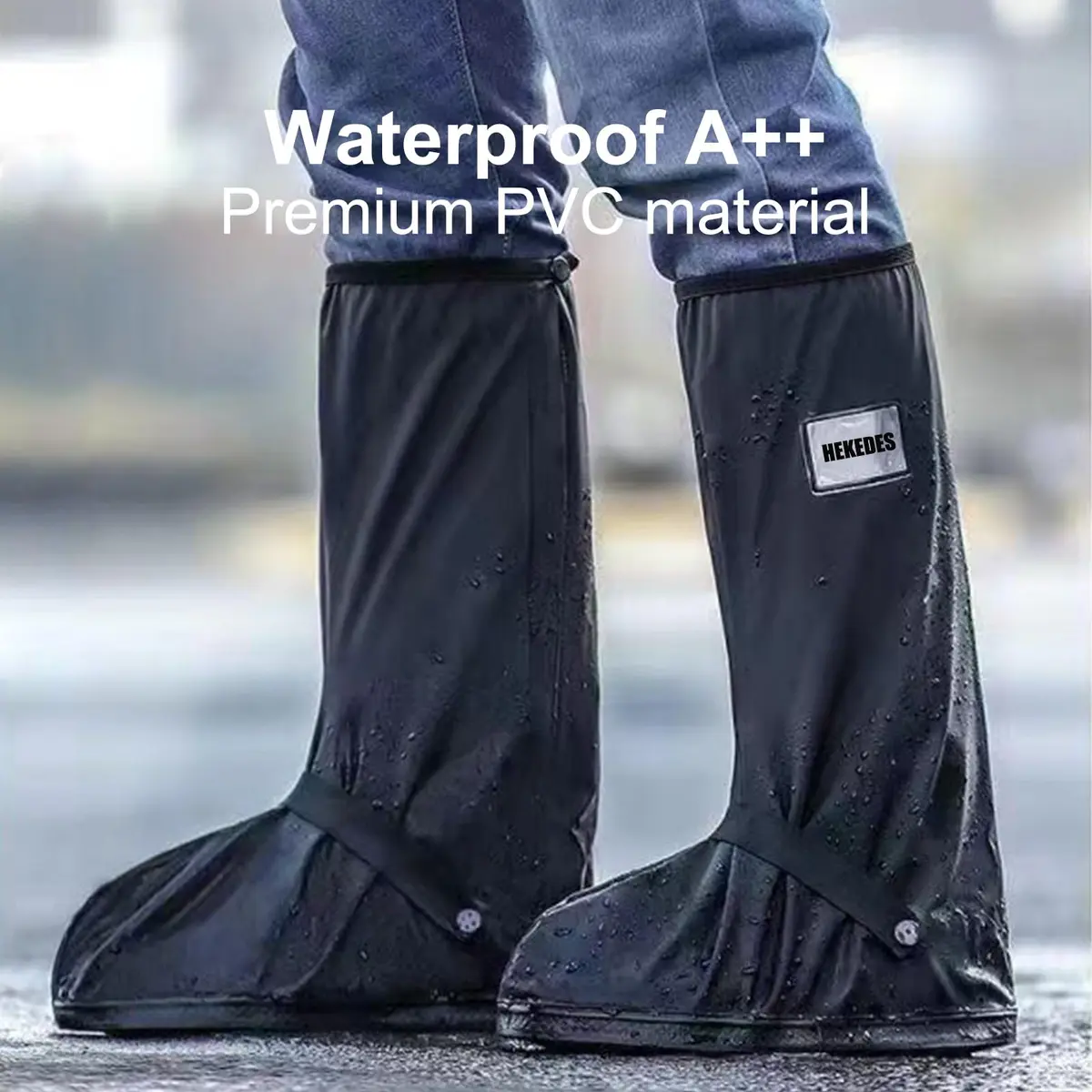 HEKEDES Waterproof Shoe Covers Reusable Foldable Rain Boot with Zipper, Non-Slip, Reflector, Men Women Black | 14in Sole Length - view 3