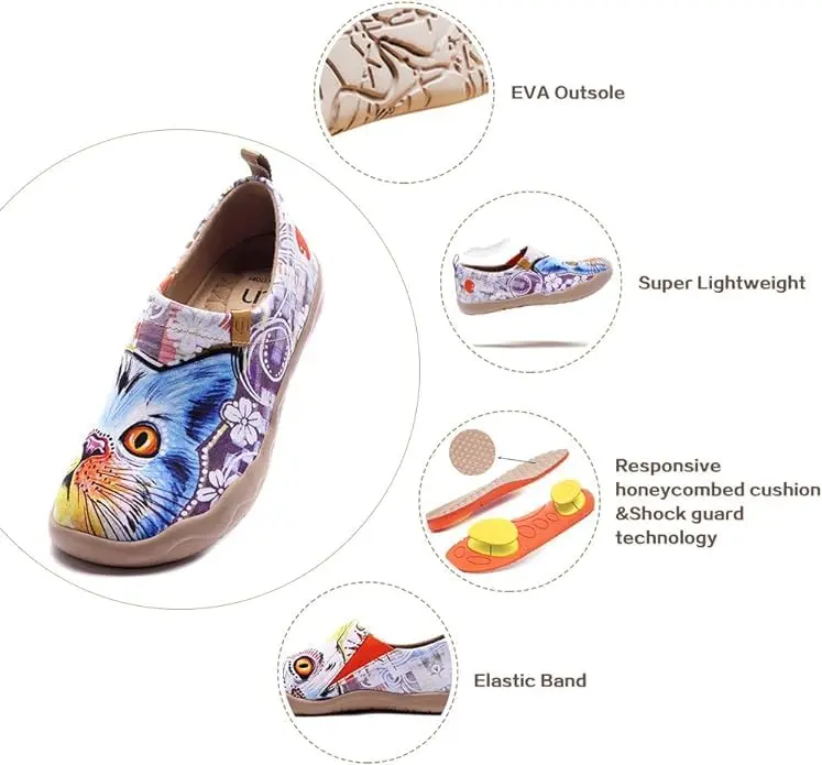 UIN Women's Lightweight Canvas Sneakers Flat Art Painted Cat Travel Shoes Cheer Up (9.5) | Comfortable Slip-On Design - view 6