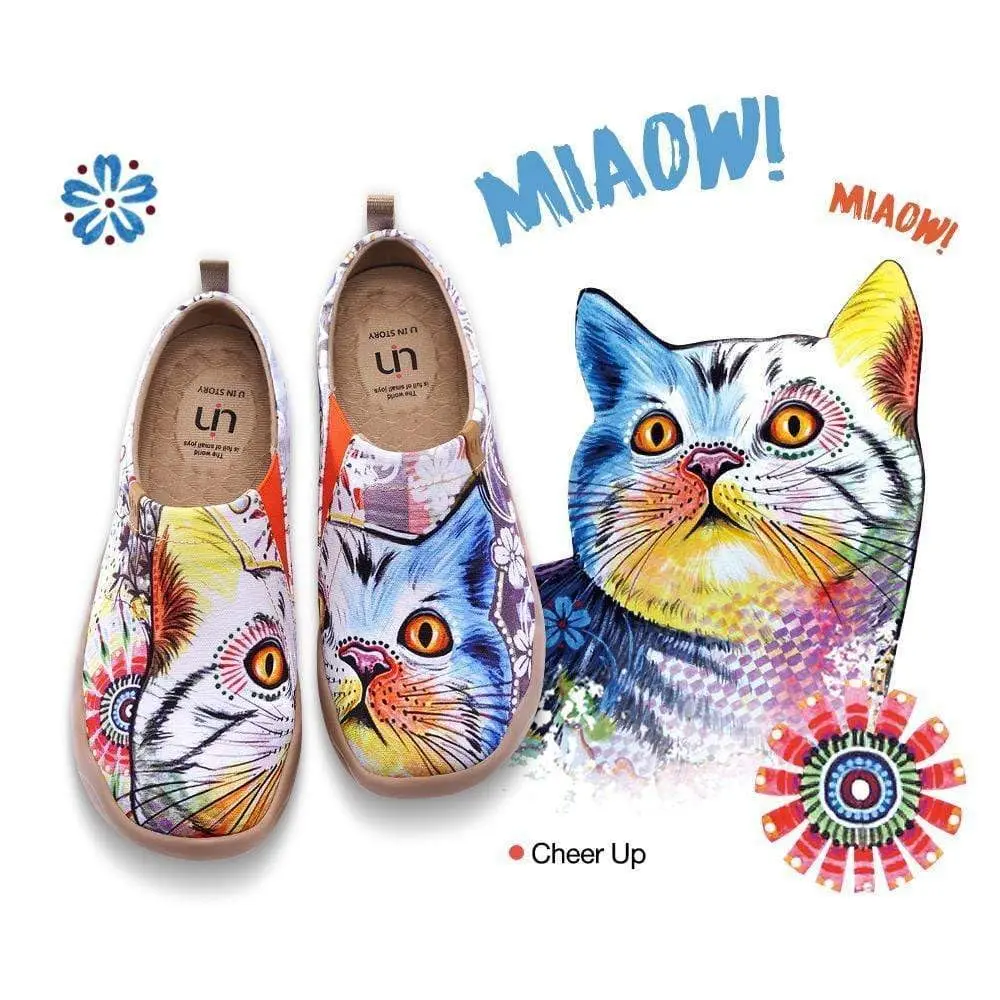 UIN Women's Lightweight Canvas Sneakers Flat Art Painted Cat Travel Shoes Cheer Up (9.5) | Comfortable Slip-On Design - view 4
