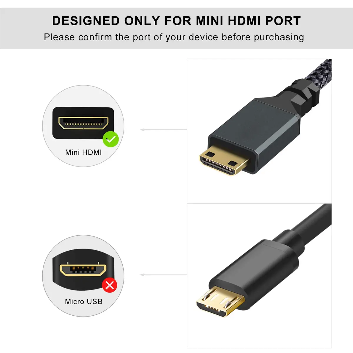 Twozoh Mini HDMI to HDMI Cable 3.3FT | Supports 4K/60Hz & 3D, Braided Cord for HD Devices - view 5