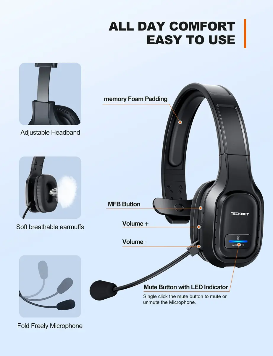 TECKNET Trucker Bluetooth Headset with AI Noise Canceling Mic, 32 Hrs Playtime | USB Dongle Included - view 4