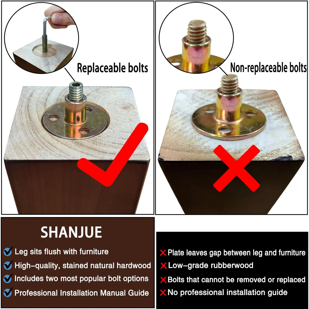 SHANJUE 8 Inch Wood Couch Legs 1500lbs Heavy Duty Square Furniture Feet | Supports Heavy Furniture & Robot Vacuum Clearance - view 6