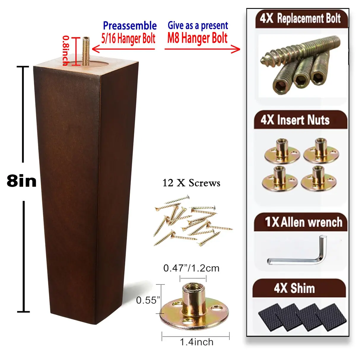 SHANJUE 8 Inch Wood Couch Legs 1500lbs Heavy Duty Square Furniture Feet | Supports Heavy Furniture & Robot Vacuum Clearance - view 7