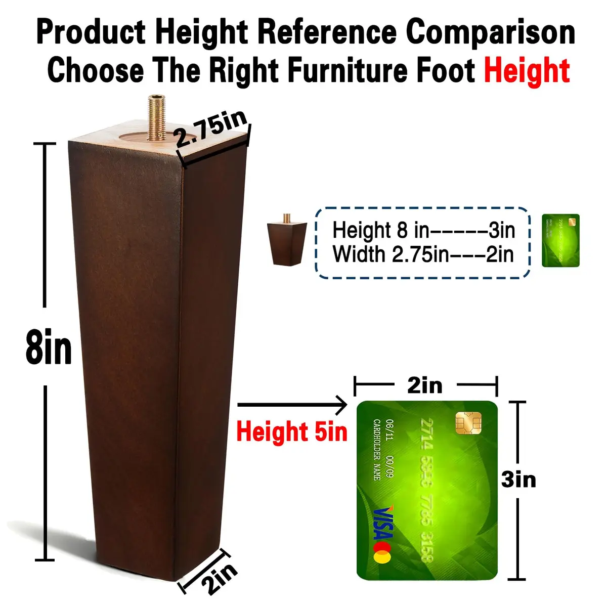 SHANJUE 8 Inch Wood Couch Legs 1500lbs Heavy Duty Square Furniture Feet | Supports Heavy Furniture & Robot Vacuum Clearance - view 3