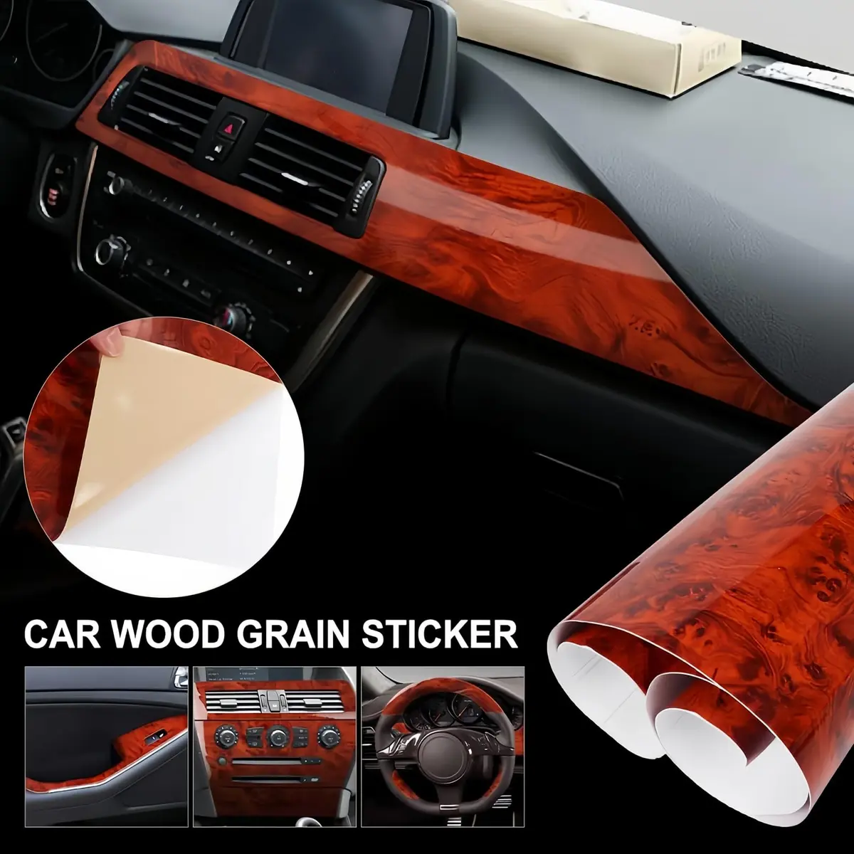 GreceYou High Glossy Wood Grain Vinyl Wrap Sticker 100x40cm | Waterproof Car Interior & Exterior Wrap - view 2