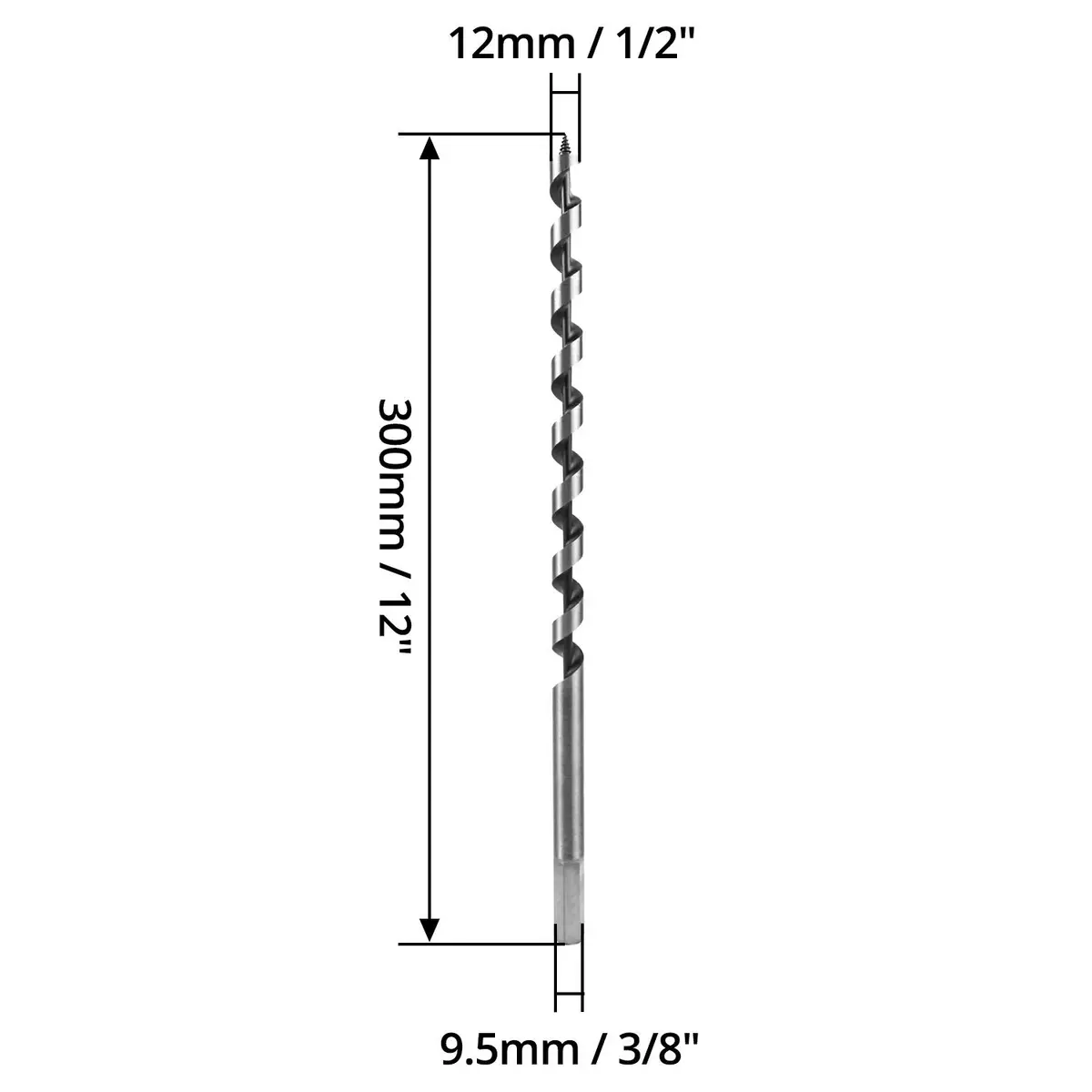 QWORK 12mm x 300mm Wood Auger Drill Bit | 12mm (0.5 inch) Diameter, 300mm (12 inch) Length, Hex Shank - view 6