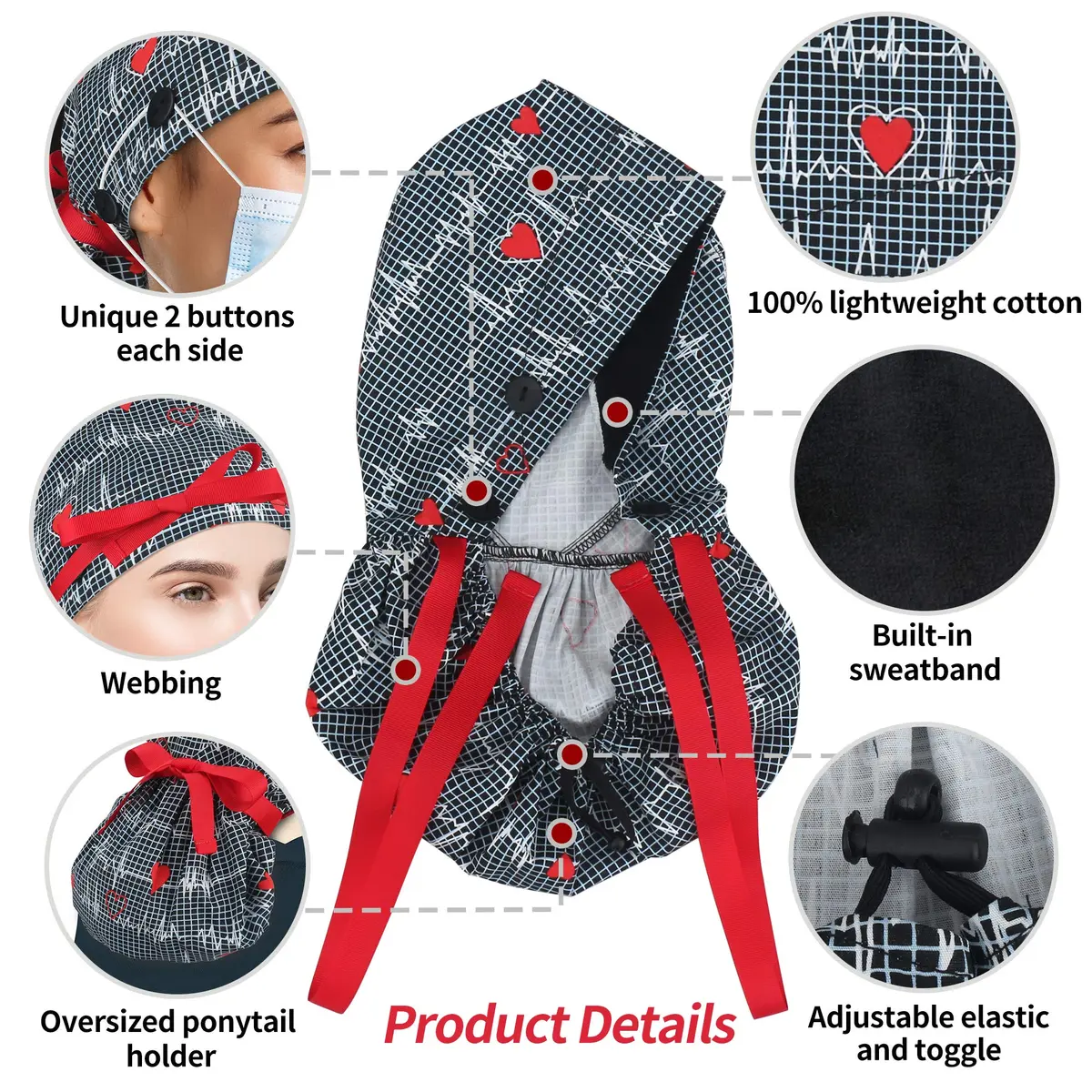 ABAMERICA Surgical Nurse Cap for Women | Breathable, Satin-Lined Ponytail Holder (Size Adjustable) - view 5