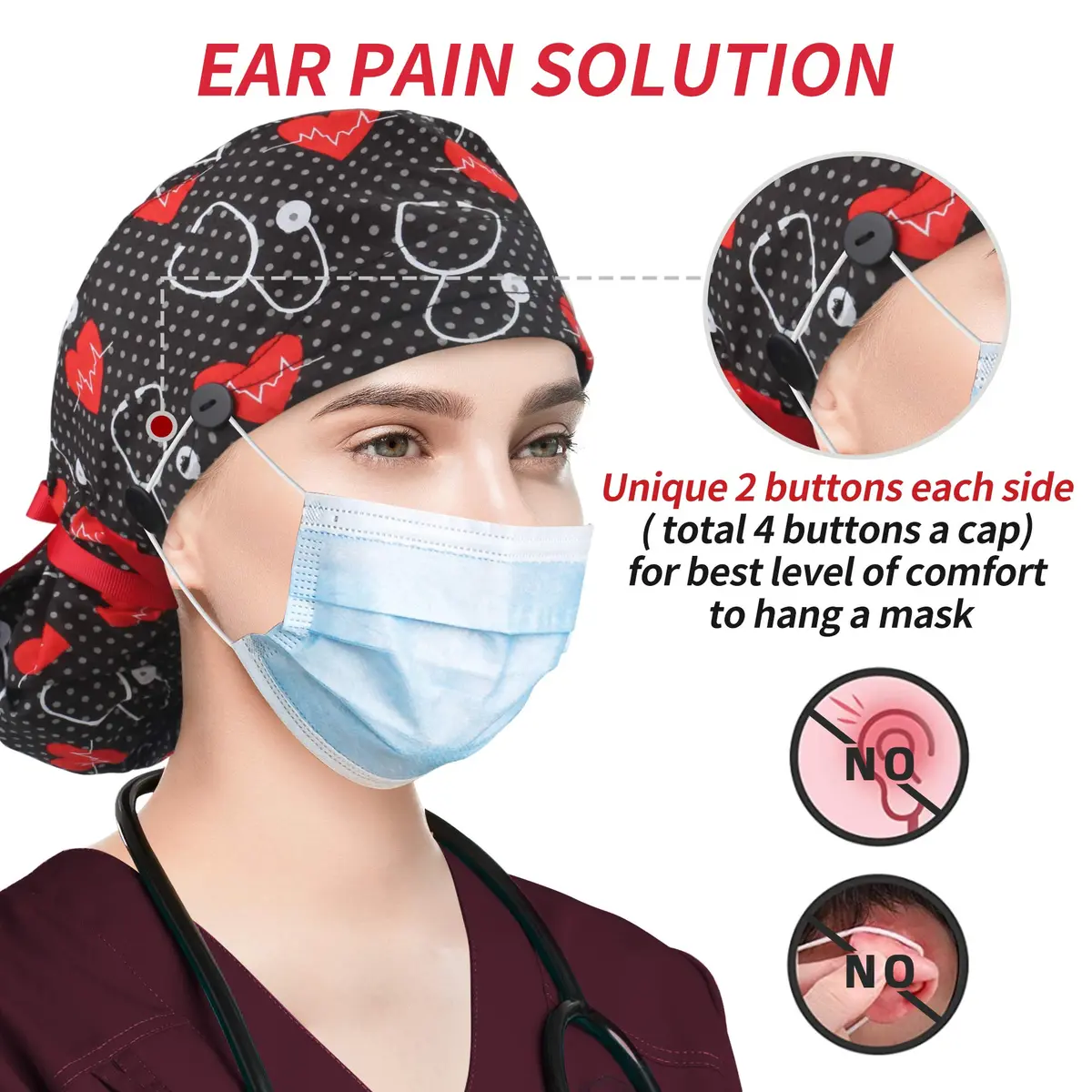 ABAMERICA Scrub Caps for Women Surgical Caps Nurse Hat Functional Ponytail Holder for Long Hair Single or Satin-Lined | Breathable, Adjustable Fit - view 2