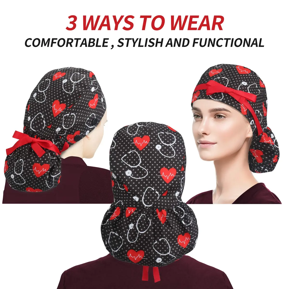 ABAMERICA Scrub Caps for Women Surgical Caps Nurse Hat Functional Ponytail Holder for Long Hair Single or Satin-Lined | Breathable, Adjustable Fit - view 3
