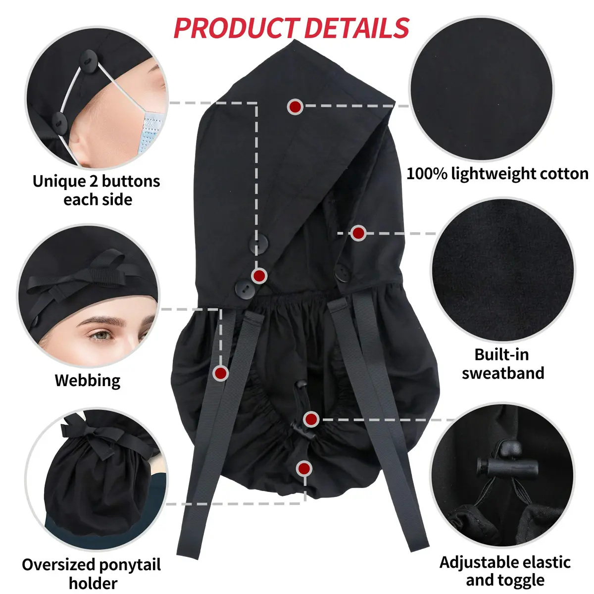 ABAMERICA Scrub Caps for Women Surgical Caps Nurse Hat with Ponytail Holder, Satin-Lined, Breathable Polyester, Adjustable Fit - view 5