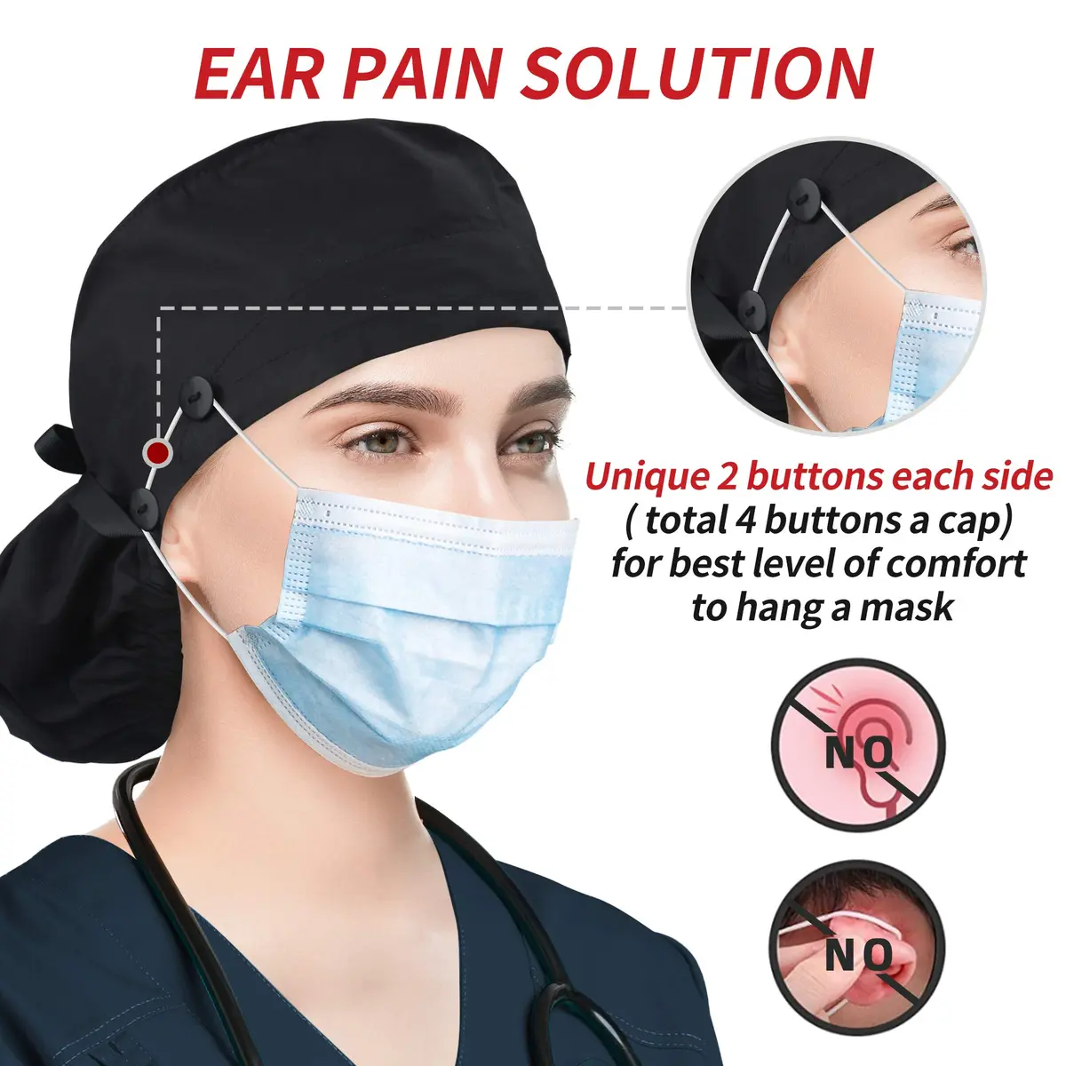 ABAMERICA Scrub Caps for Women Surgical Caps Nurse Hat with Ponytail Holder, Satin-Lined, Breathable Polyester, Adjustable Fit - view 2