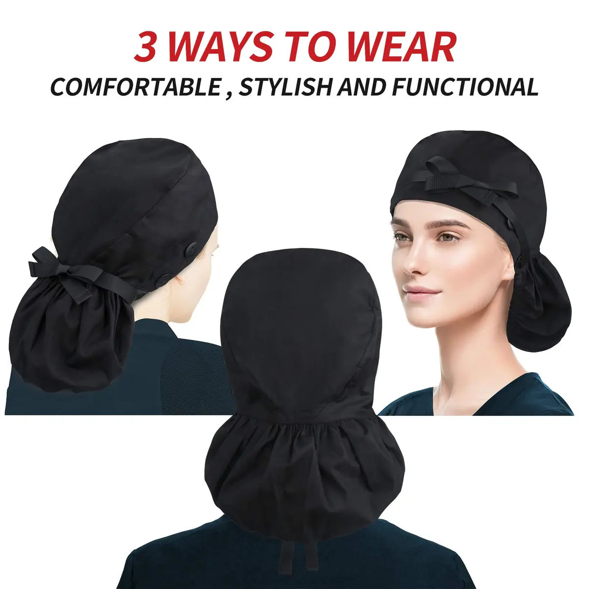 ABAMERICA Scrub Caps for Women Surgical Caps Nurse Hat with Ponytail Holder, Satin-Lined, Breathable Polyester, Adjustable Fit - view 3