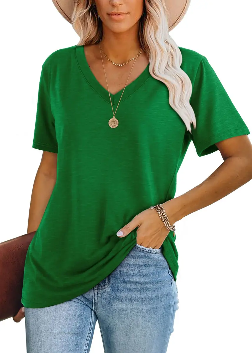 WIHOLL Green V Neck Loose Fit Summer Top for Women | Casual Blouse for Beach & Vacation (70-120 chars) - main product image