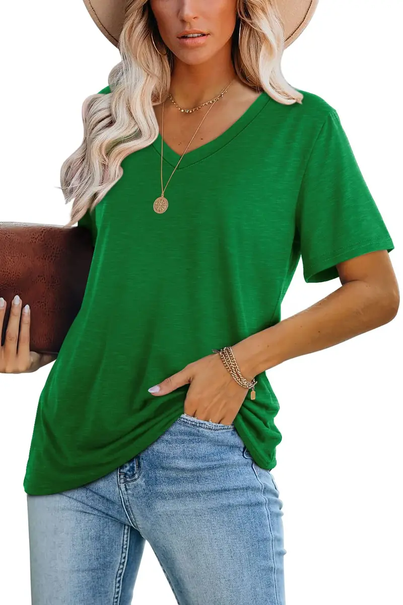 WIHOLL Green V Neck Loose Fit Summer Top for Women | Casual Blouse for Beach & Vacation (70-120 chars) - view 2
