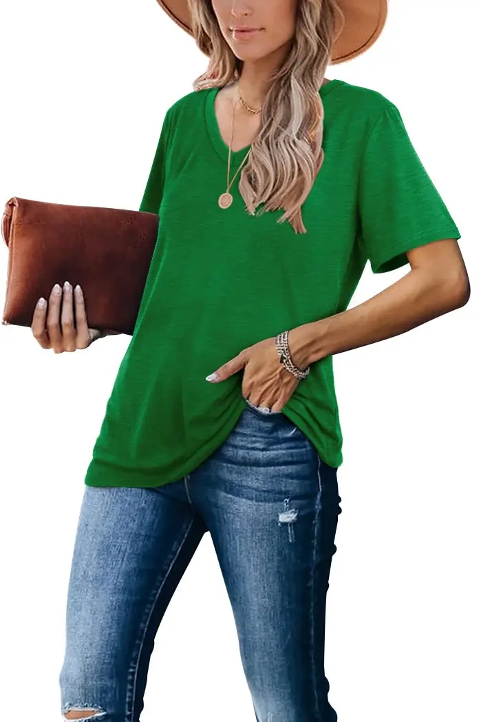 WIHOLL Green V Neck Loose Fit Summer Top for Women | Casual Blouse for Beach & Vacation (70-120 chars) - view 3