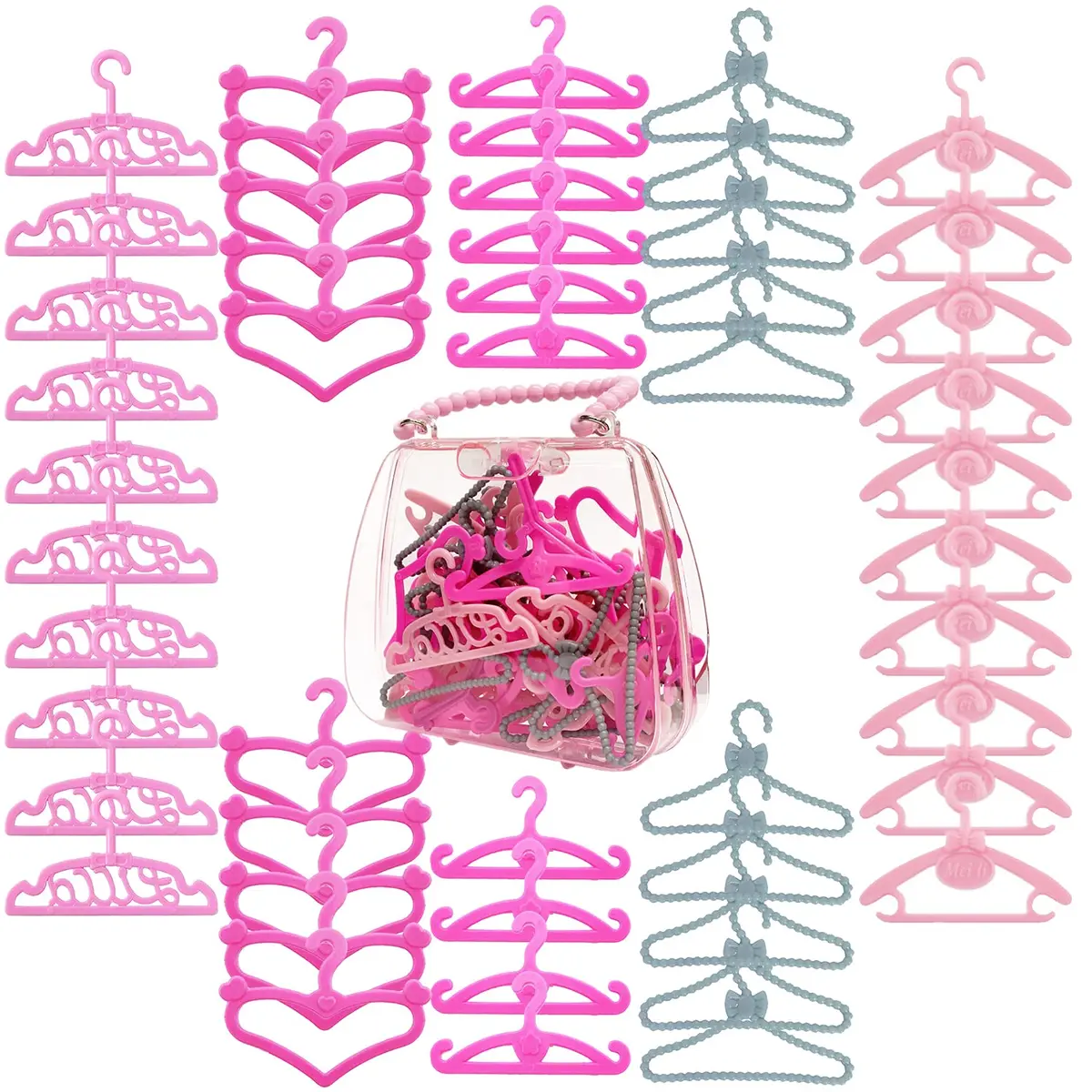 HighFun 50PCS Doll Hangers for Barbie Hangers for Doll Clothes 11.5 inch | Pink Lovely Box Storage for Girls - main product image