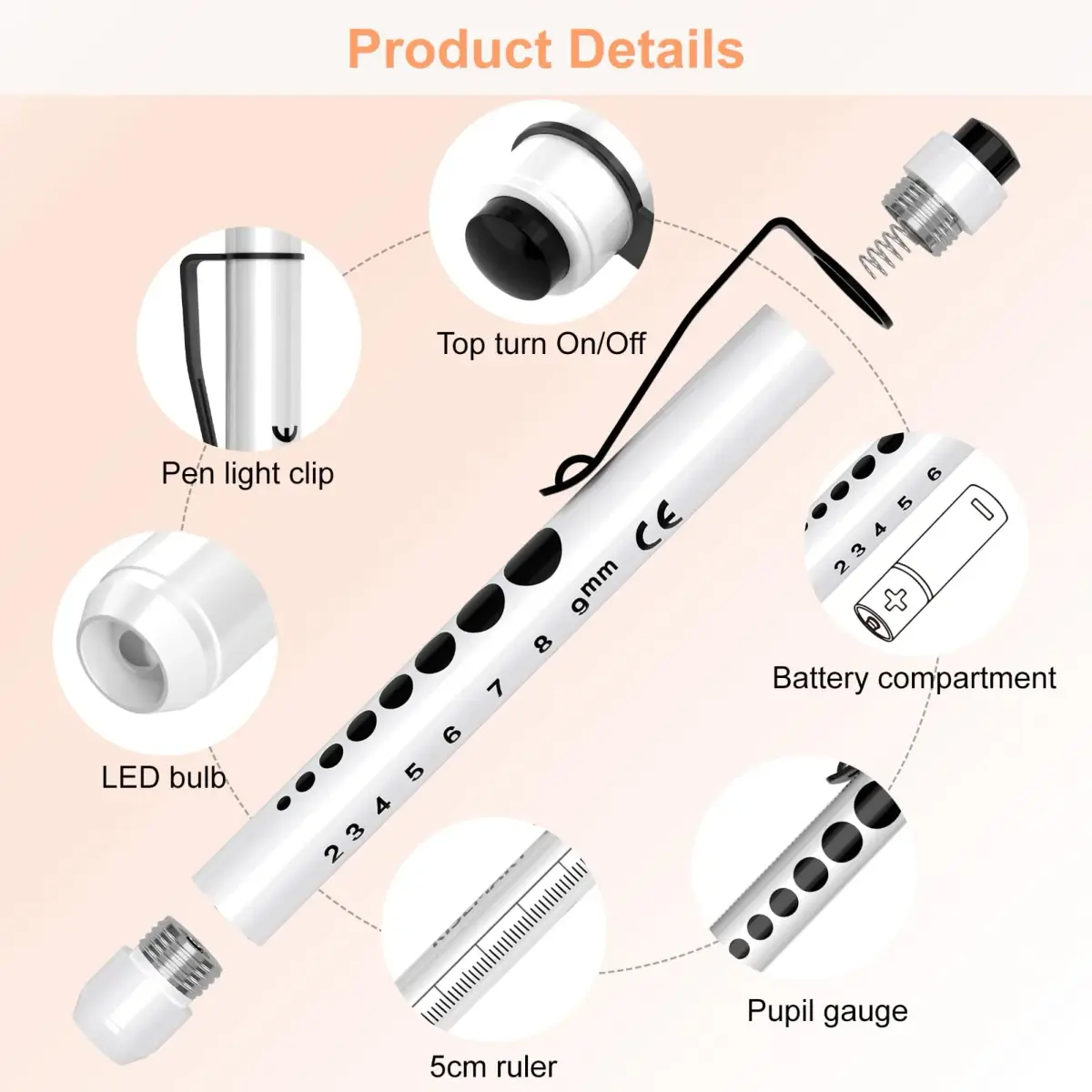 RISEMART LED Pen Lights for Nurses, 2-Pack White Light 12.8cm (5.03in) | Medical Penlight with Pupil Gauge & Ruler - view 3