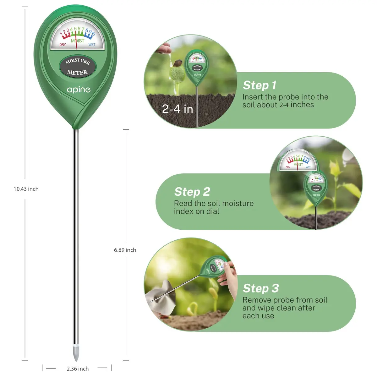 apine Soil Moisture Meter for Indoor/Outdoor Plants | Green, 26 cm (10.24 in) Probe - view 2
