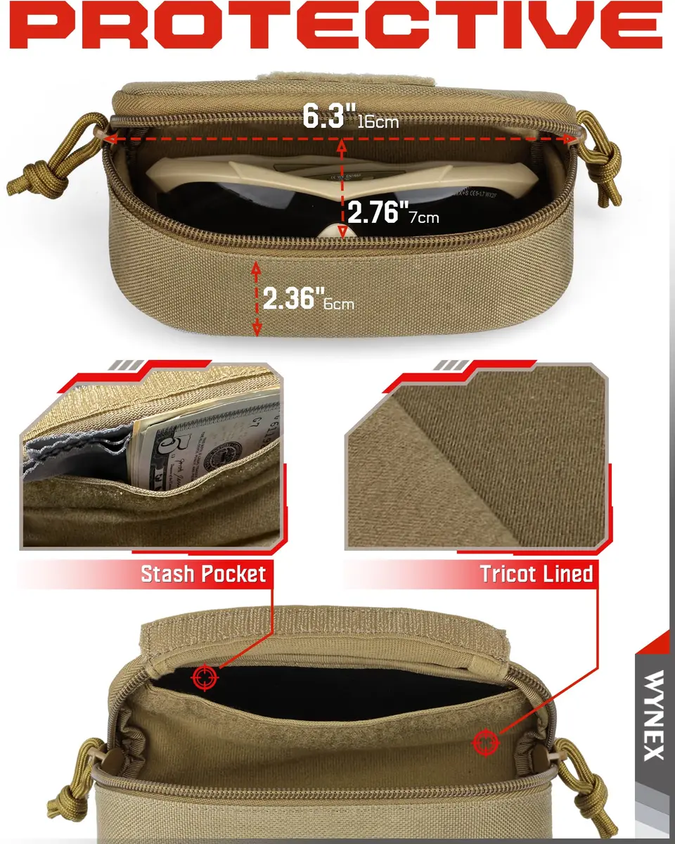 WYNEX Tactical Molle Glasses Pouch with Carabiner & Flag Patch, Shockproof Eyeglass Case for Sunglasses Goggles 16.5cm (6.5") - view 3