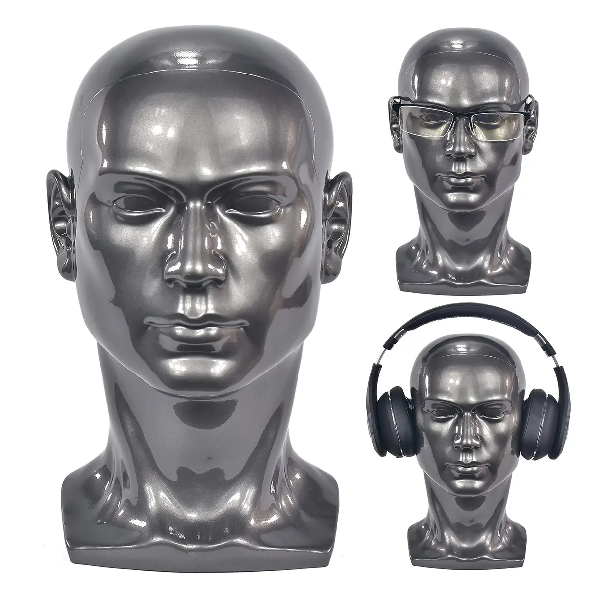 FanLin Male Mannequin Head for Display Wigs Hats Accessories | 30cm Height, 51cm Circumference, Bright Gray - main product image