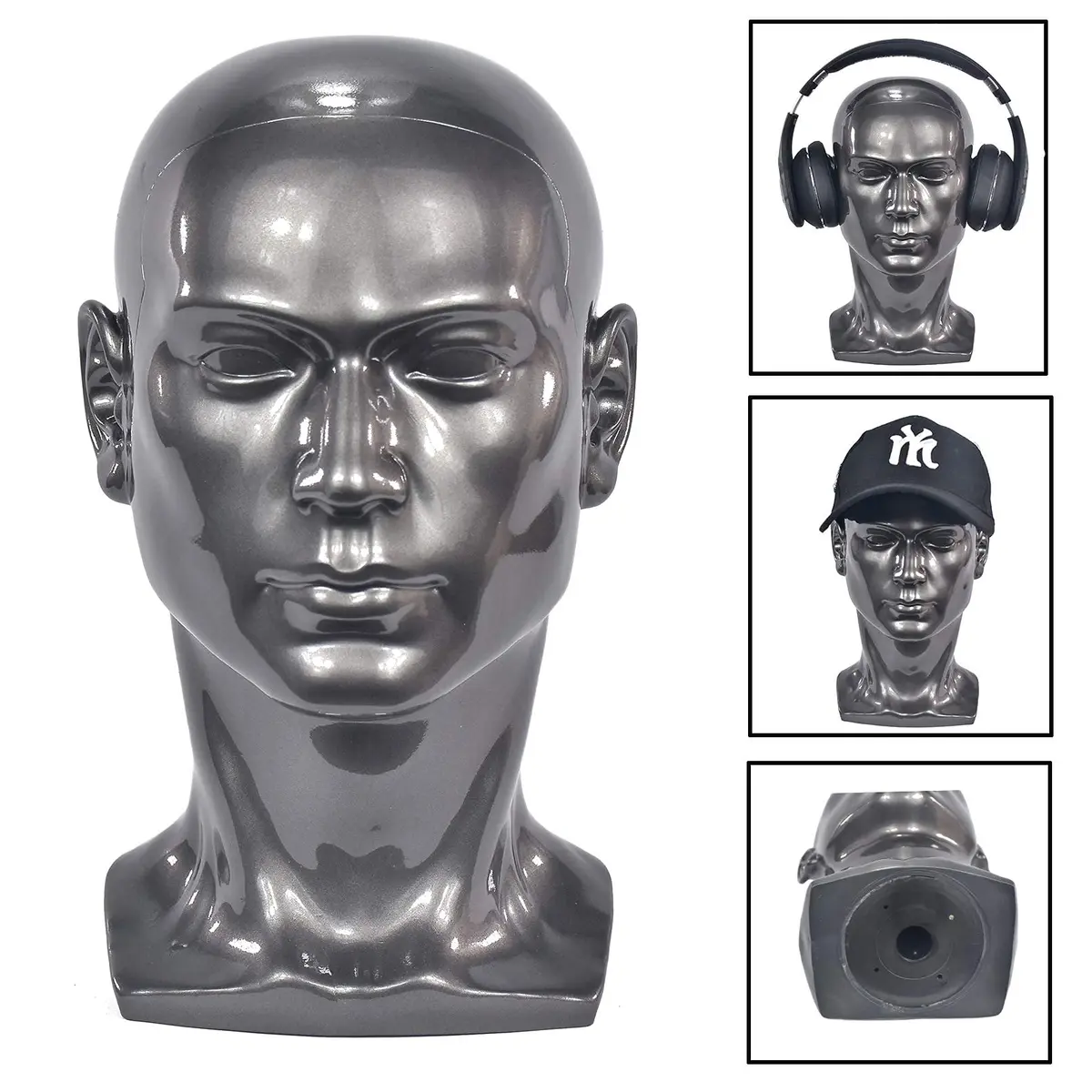 FanLin Male Mannequin Head for Display Wigs Hats Accessories | 30cm Height, 51cm Circumference, Bright Gray - view 3