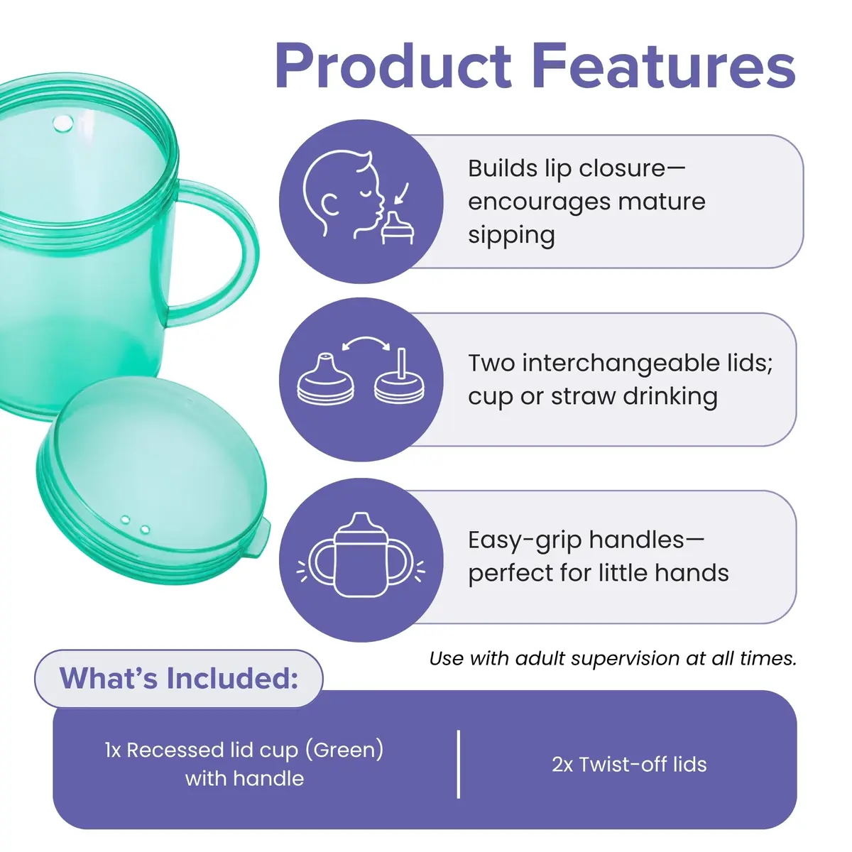 TalkTools Recessed Lid Cup with Handles Green 53ml (1.76 Fl Oz) | Promotes Oral Motor Skills & Lip Closure - view 3