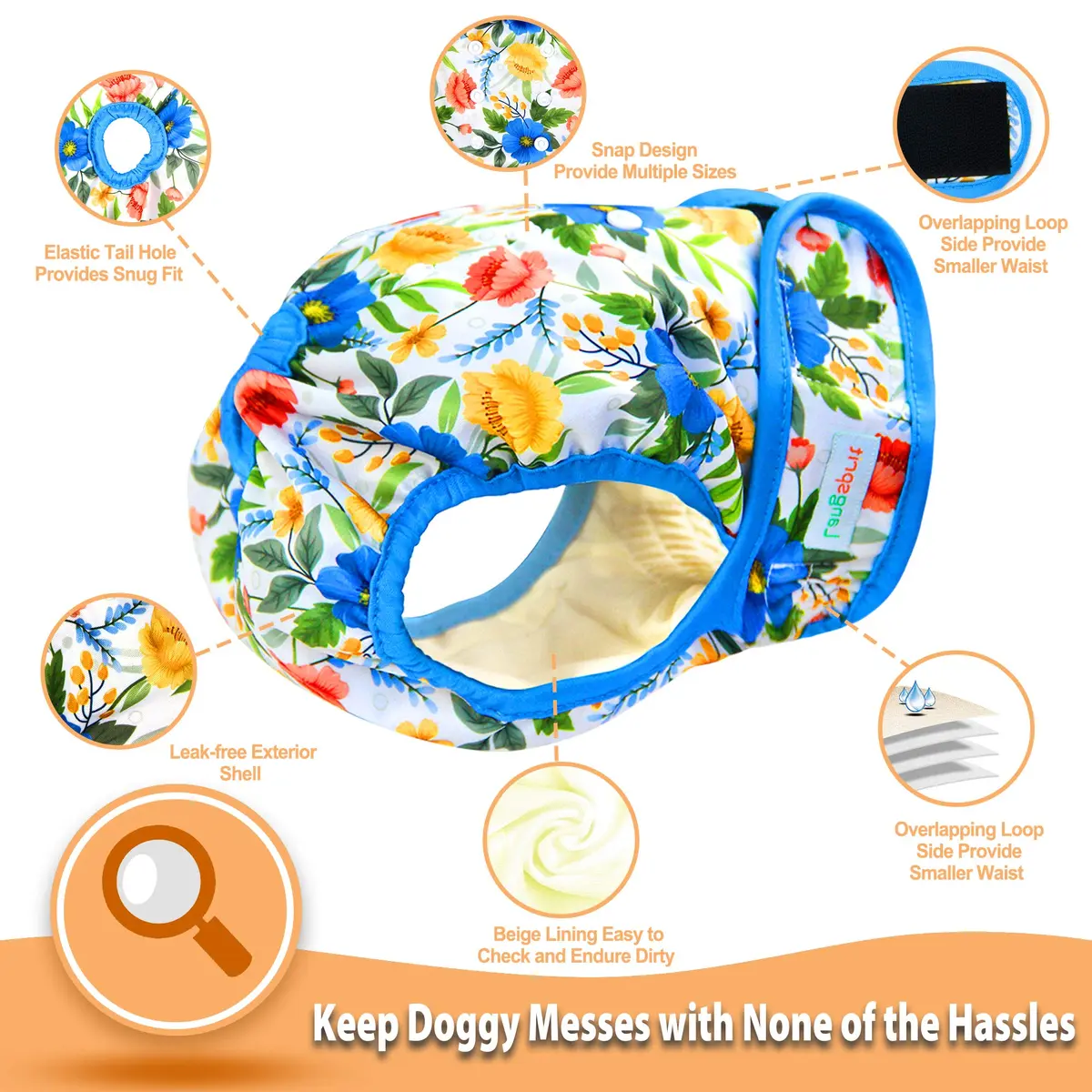 Langsprit Washable Female Dog Diapers (3 Pack) - No Leak Reusable Diapers for Female Dogs in Heat, Small | Highly Absorbent & Adjustable Snaps - view 5