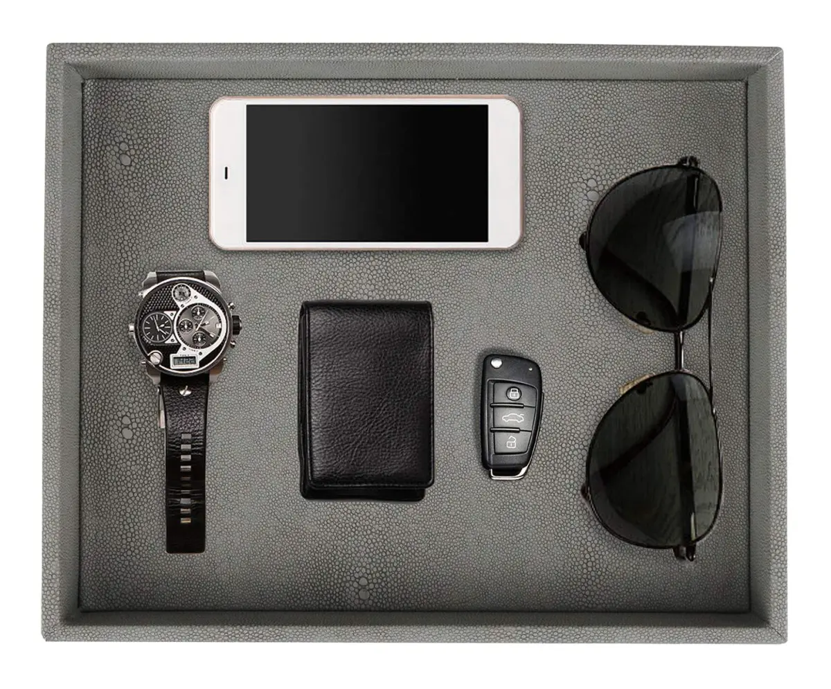 HofferRuffer Decorative Desktop Organizer Tray, Dark Grey Faux Leather Shagreen, 25.9cm x 21.3cm x 4.6cm (10.2" x 8.4" x 1.8") | Multipurpose Organizer for Home & Office - main product image