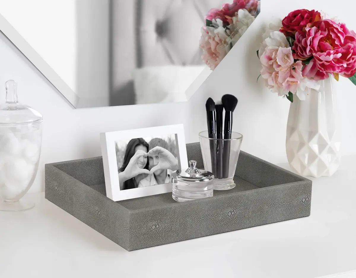 HofferRuffer Decorative Desktop Organizer Tray, Dark Grey Faux Leather Shagreen, 25.9cm x 21.3cm x 4.6cm (10.2" x 8.4" x 1.8") | Multipurpose Organizer for Home & Office - view 3