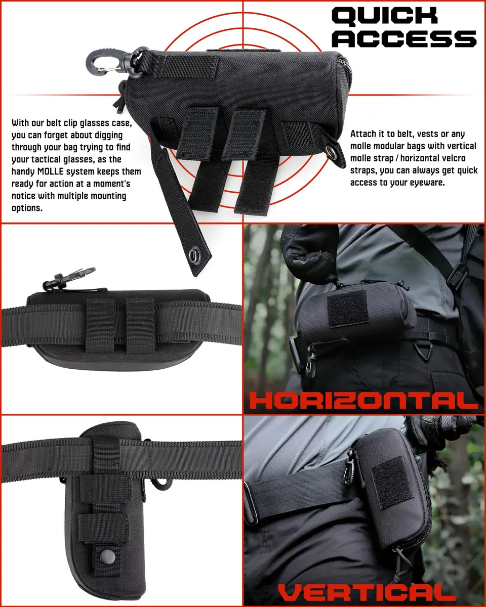 WYNEX Tactical Molle Glasses Pouch with Carabiner Clip & Patch Panel, Shockproof Eyeglass Case for Sunglasses & Goggles (Black, 16.5cm x 7cm x 6cm) - view 6