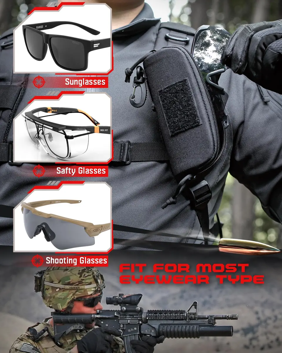 WYNEX Tactical Molle Glasses Pouch with Carabiner Clip & Patch Panel, Shockproof Eyeglass Case for Sunglasses & Goggles (Black, 16.5cm x 7cm x 6cm) - view 2