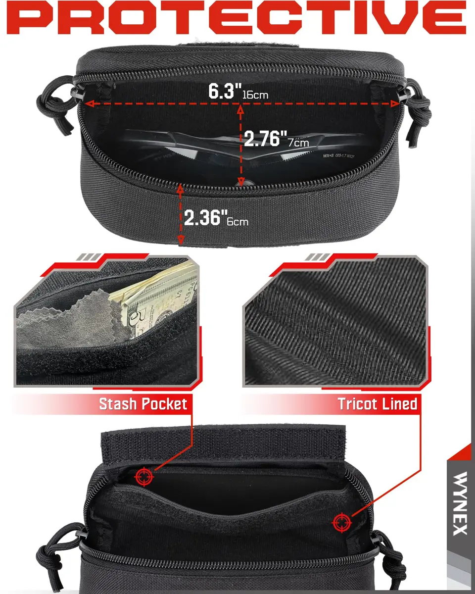 WYNEX Tactical Molle Glasses Pouch with Carabiner Clip & Patch Panel, Shockproof Eyeglass Case for Sunglasses & Goggles (Black, 16.5cm x 7cm x 6cm) - view 3