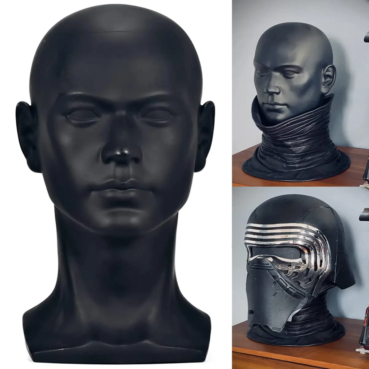 FanLin Male Mannequin Head for Display, 30cm Height, Matte-Black PVC, Professional Wig & Hat Stand - main product image