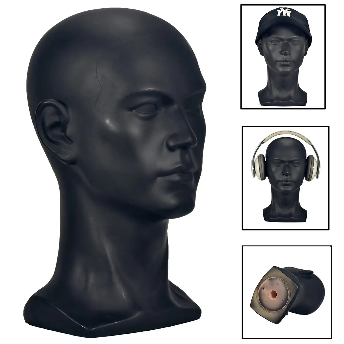 FanLin Male Mannequin Head for Display, 30cm Height, Matte-Black PVC, Professional Wig & Hat Stand - view 4