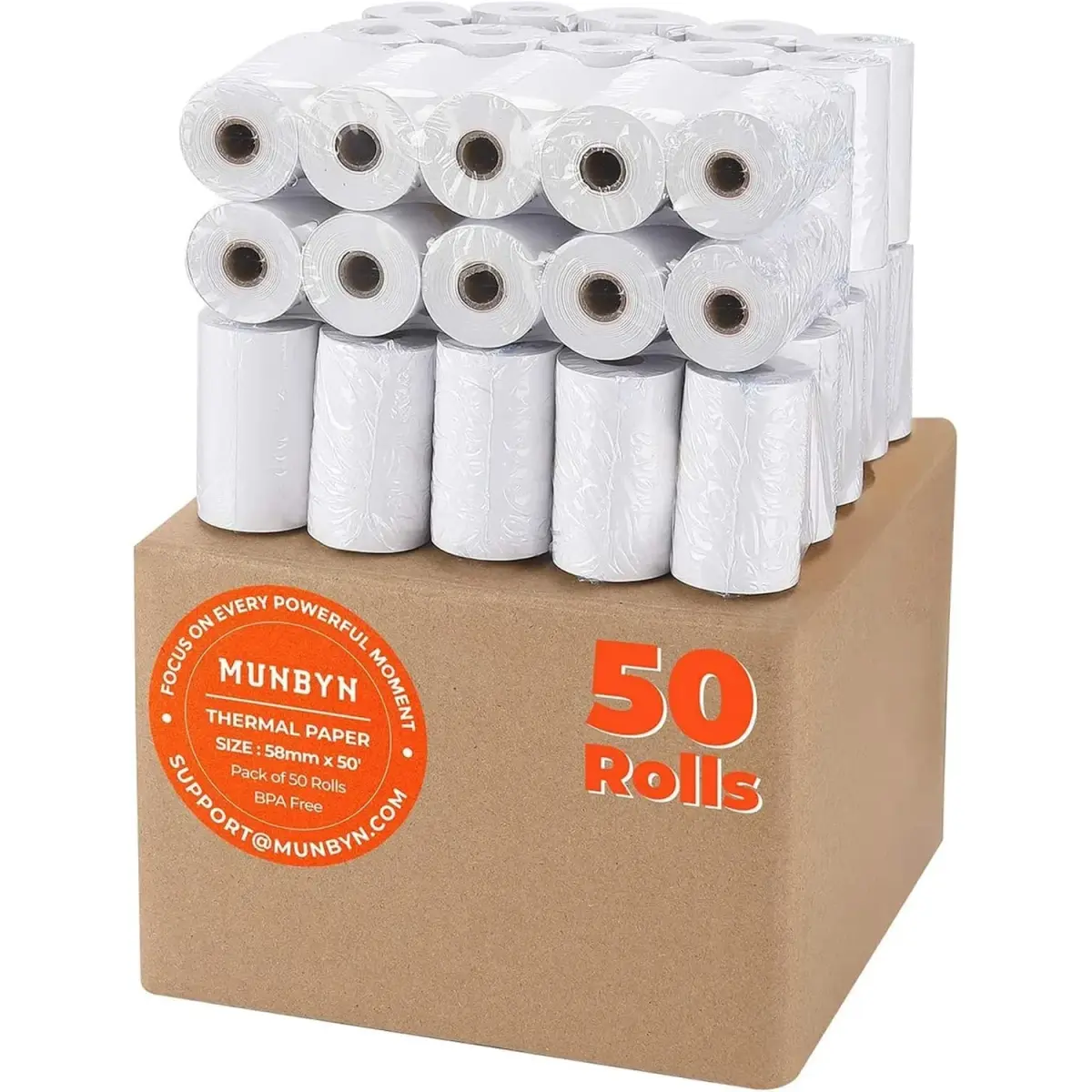 MUNBYN 50 Rolls Thermal Paper 56mm x 16m (2.2" x 50ft) | BPA Free Receipt Paper for POS Printers - main product image