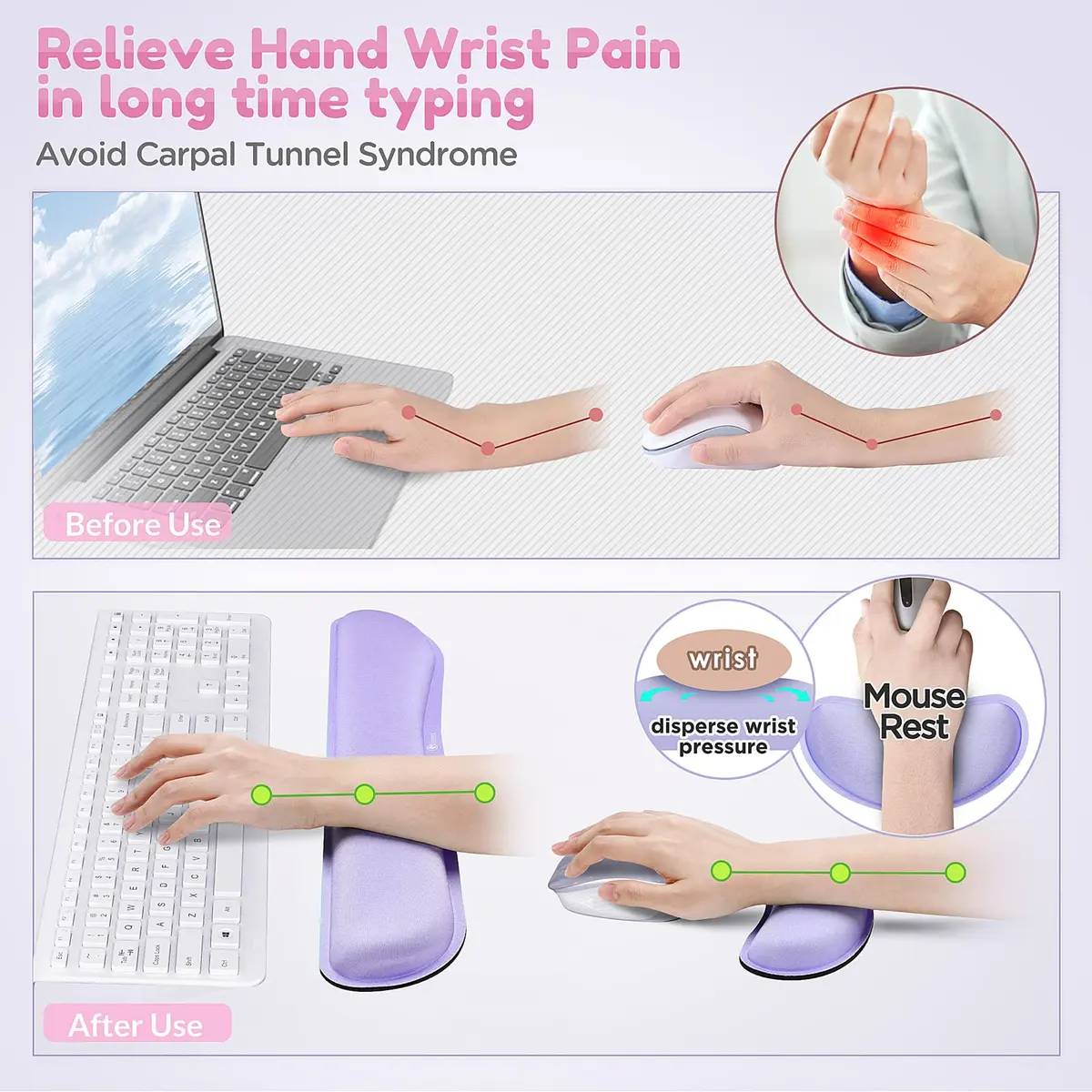 Gimars Upgrade Enlarge Gel Memory Foam Keyboard Wrist Rest Pad & Mouse Wrist Cushion Support Set, Purple | Ergonomic Pain Relief - view 4