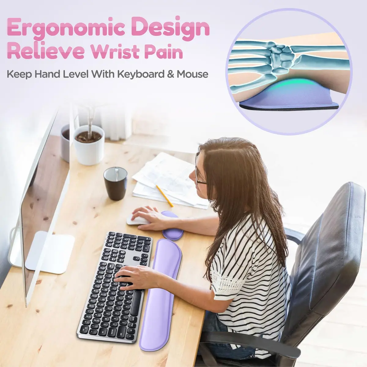 Gimars Upgrade Enlarge Gel Memory Foam Keyboard Wrist Rest Pad & Mouse Wrist Cushion Support Set, Purple | Ergonomic Pain Relief - view 2