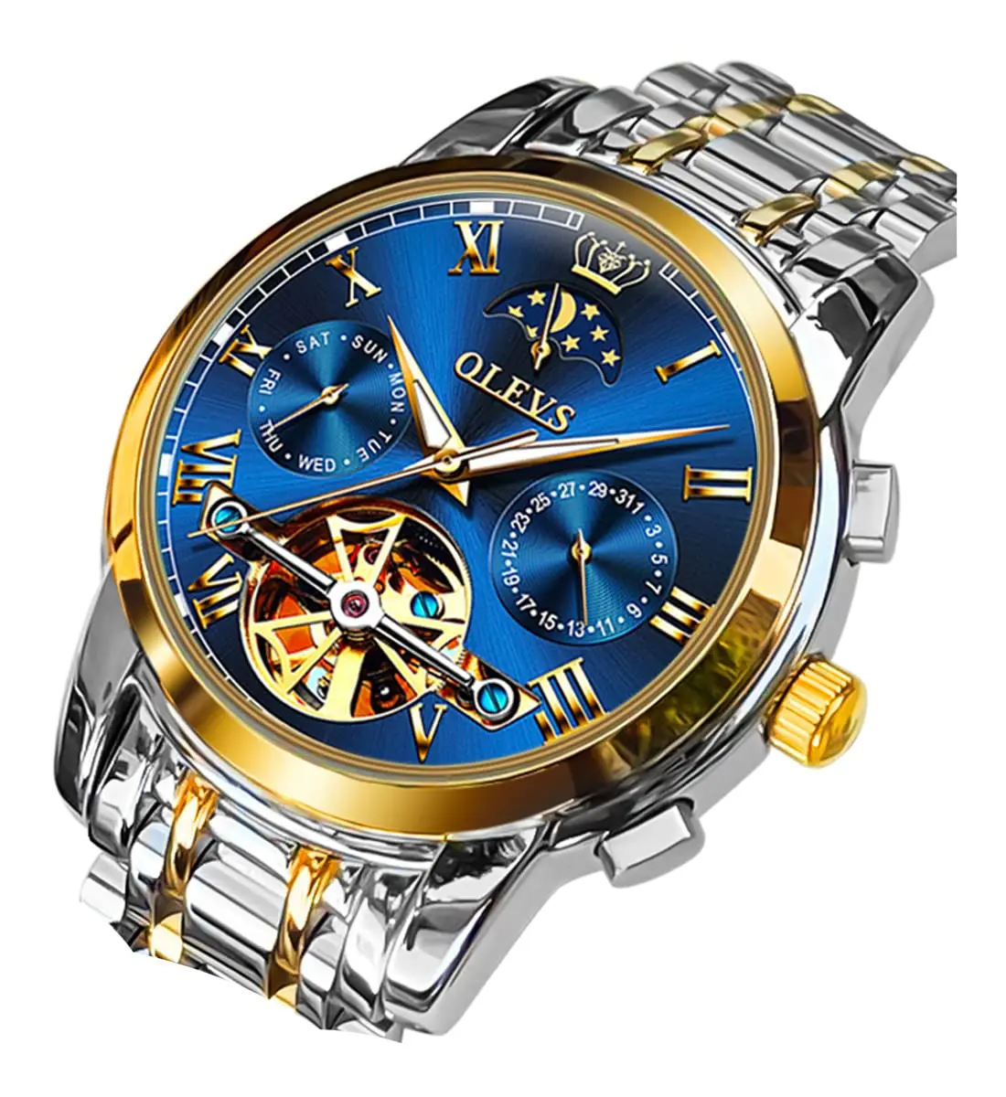 OLEVS Automatic Mechanical Skeleton Moon Phase Dress Watch 41mm (1.61 inches) | Luxury Men's Wristwatch with Blue Dial & Stainless Steel Band - main product image