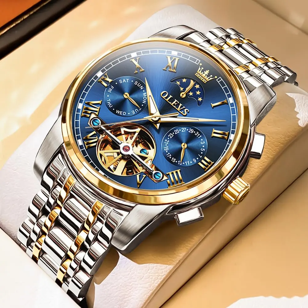 OLEVS Automatic Mechanical Skeleton Moon Phase Dress Watch 41mm (1.61 inches) | Luxury Men's Wristwatch with Blue Dial & Stainless Steel Band - view 5