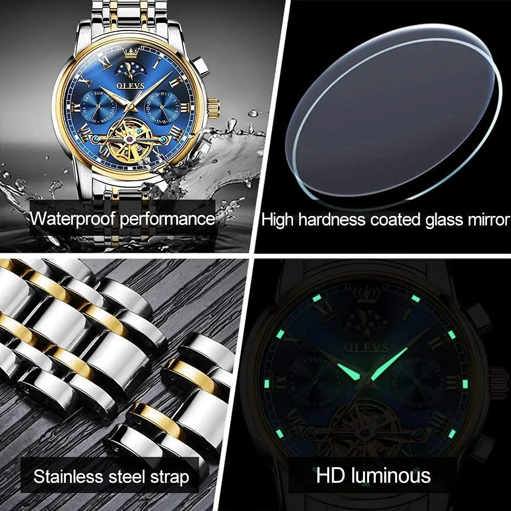 OLEVS Automatic Mechanical Skeleton Moon Phase Dress Watch 41mm (1.61 inches) | Luxury Men's Wristwatch with Blue Dial & Stainless Steel Band - view 6
