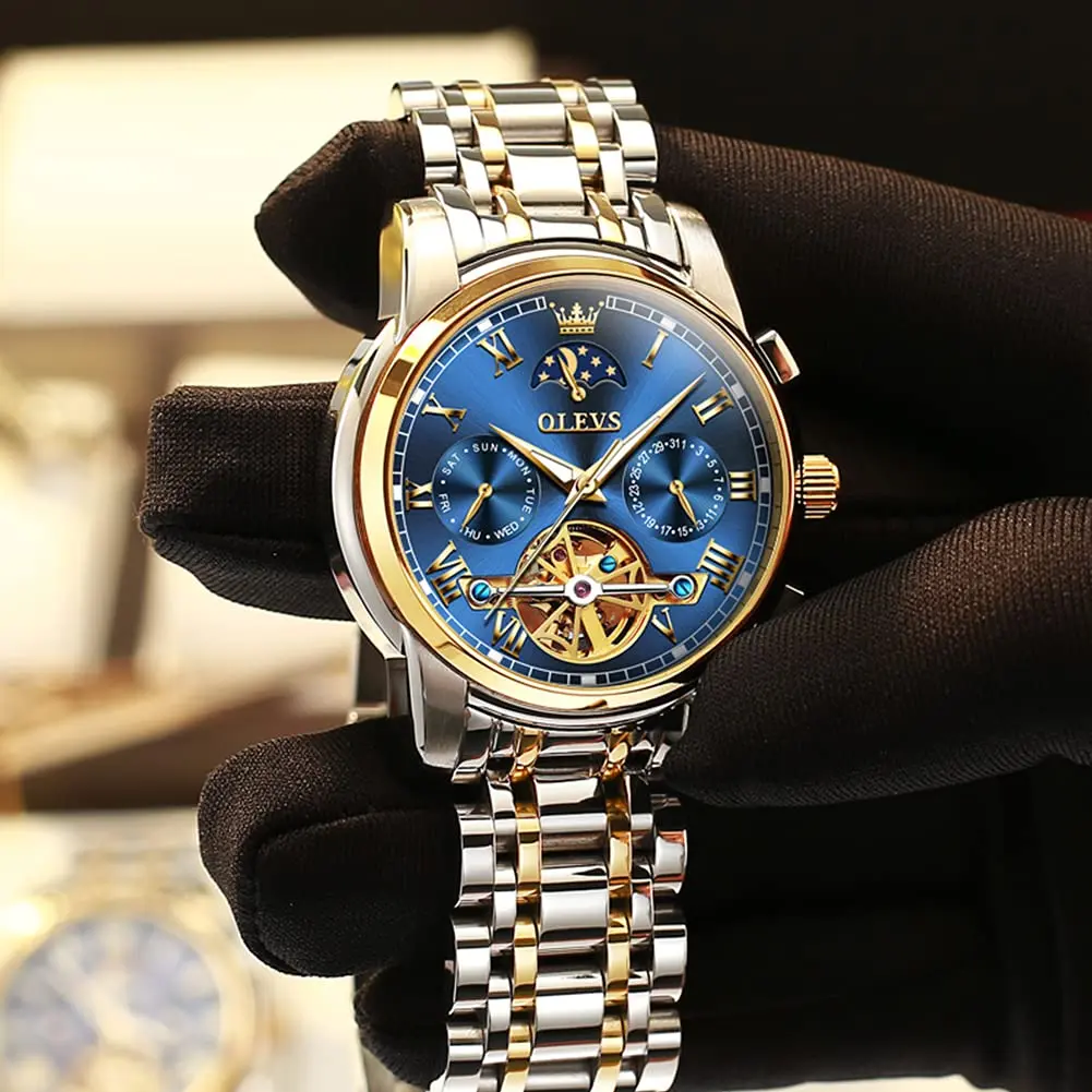 OLEVS Automatic Mechanical Skeleton Moon Phase Dress Watch 41mm (1.61 inches) | Luxury Men's Wristwatch with Blue Dial & Stainless Steel Band - view 2