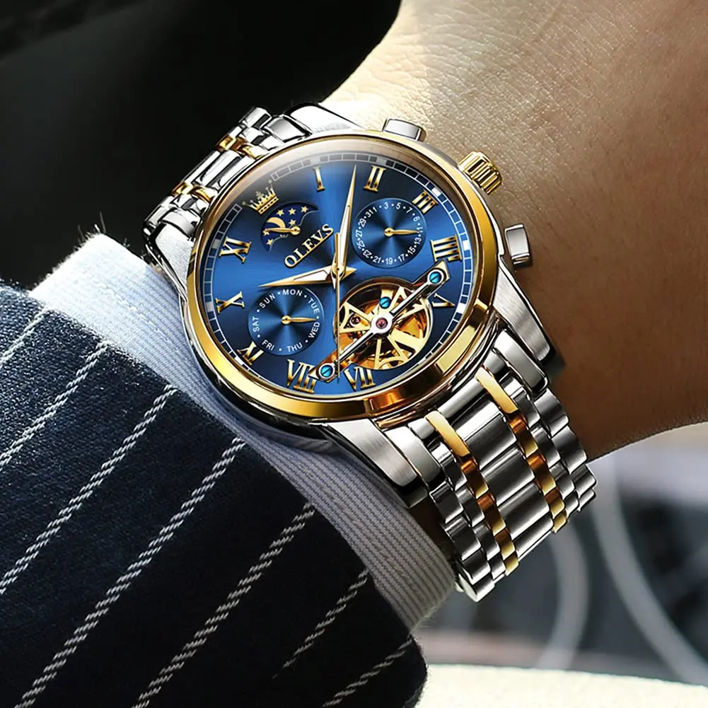 OLEVS Automatic Mechanical Skeleton Moon Phase Dress Watch 41mm (1.61 inches) | Luxury Men's Wristwatch with Blue Dial & Stainless Steel Band - view 3