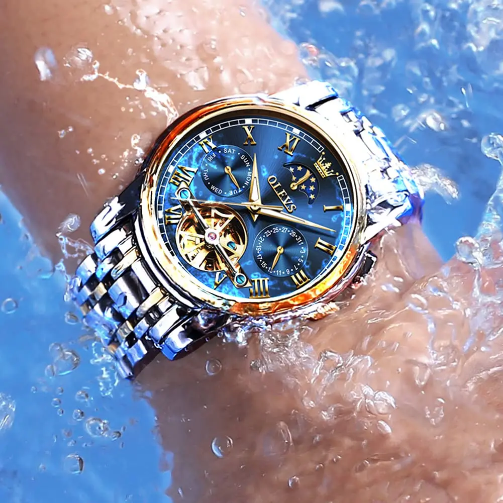 OLEVS Automatic Mechanical Skeleton Moon Phase Dress Watch 41mm (1.61 inches) | Luxury Men's Wristwatch with Blue Dial & Stainless Steel Band - view 4