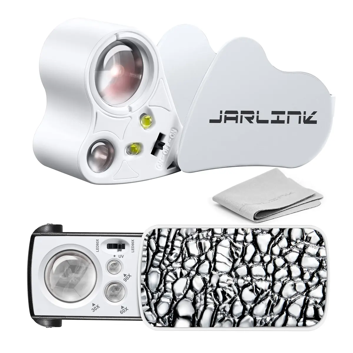 JARLINK 2 Pack Illuminated Jewelers Loupe Set | 30X 60X 90X Magnifications with LED & UV Light - main product image