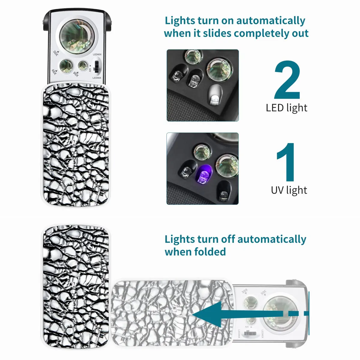 JARLINK 2 Pack Illuminated Jewelers Loupe Set | 30X 60X 90X Magnifications with LED & UV Light - view 5