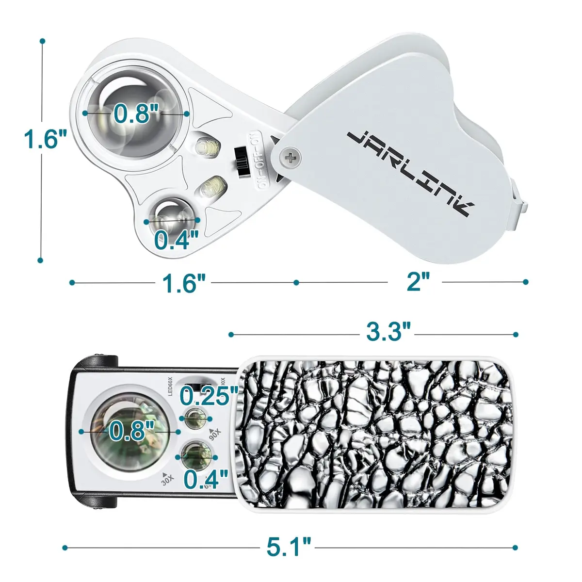 JARLINK 2 Pack Illuminated Jewelers Loupe Set | 30X 60X 90X Magnifications with LED & UV Light - view 7