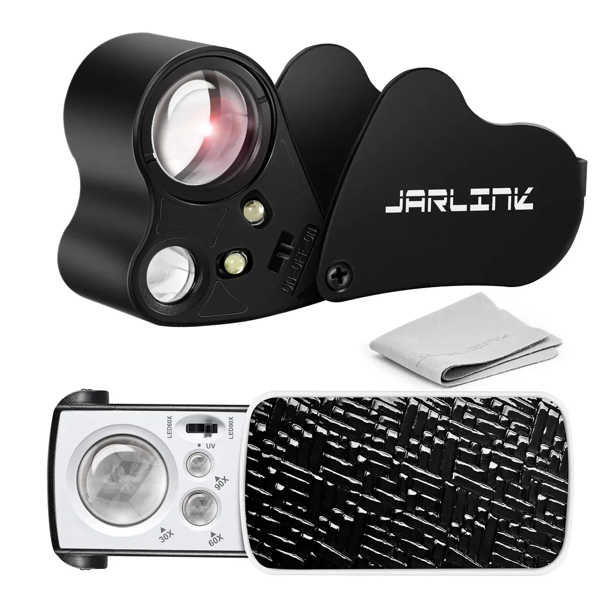 JARLINK Illuminated Jewelers Loupe Set 30X 60X 90X Magnifications | 2-Pack with LED & UV Light - main product image