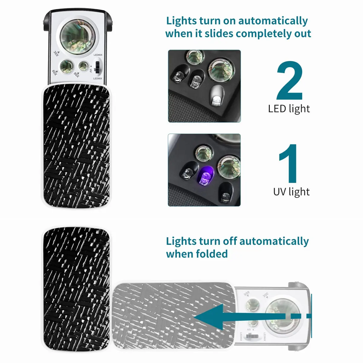 JARLINK Illuminated Jewelers Loupe Set 30X 60X 90X Magnifications | 2-Pack with LED & UV Light - view 5