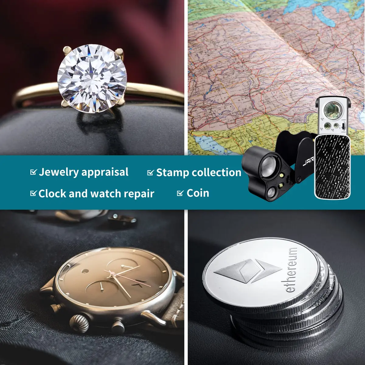 JARLINK Illuminated Jewelers Loupe Set 30X 60X 90X Magnifications | 2-Pack with LED & UV Light - view 6