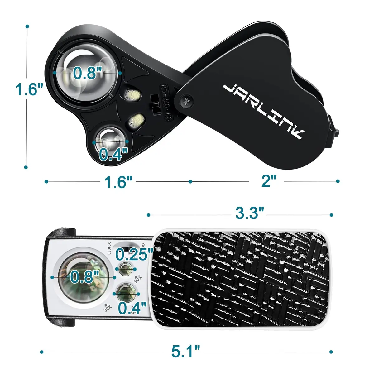 JARLINK Illuminated Jewelers Loupe Set 30X 60X 90X Magnifications | 2-Pack with LED & UV Light - view 7